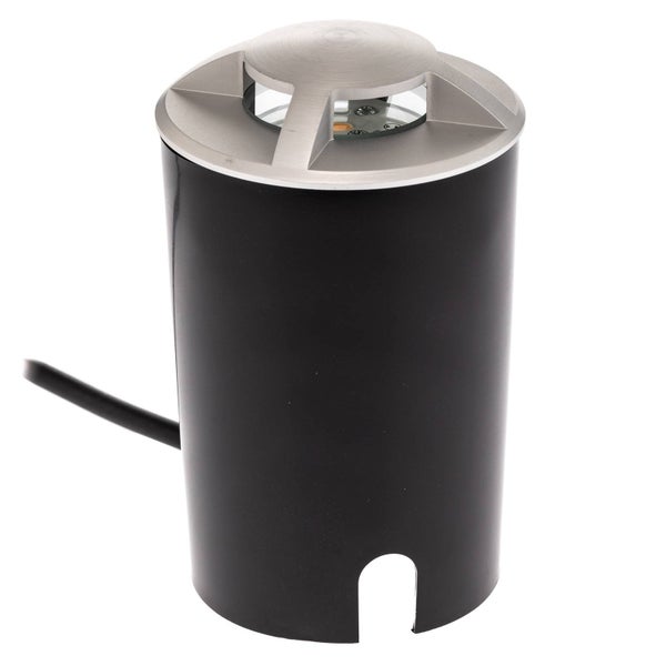 LED-Bodeneinbaustrahler für außen mit schwarzem Gehäuse und silberfarbenem Metalleinsatz zur Gartenbeleuchtung.