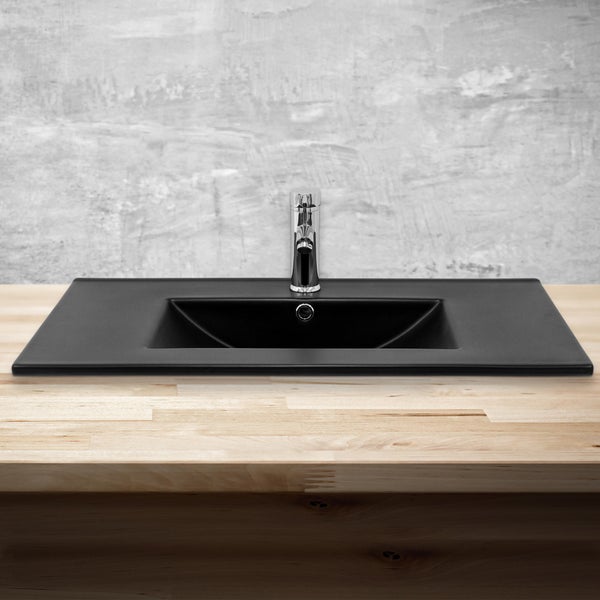 ML-Design Waschbecken aus Keramik in Schwarz matt 81x17,5x47 cm Eckig mit Ablaufgarnitur, Einbauwaschbecken mit Hahnloch und Überlauf, Aufsatzwaschbecken Einbauwaschtisch Waschschale Handwaschbecken