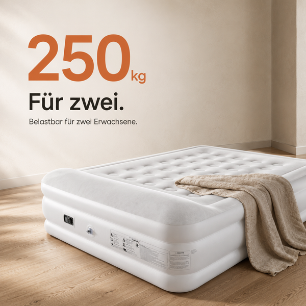 Aufblasbares Luftbett für zwei Personen, 250 Kilogramm Belastbarkeit, strukturierte Oberfläche, auf Holzboden.