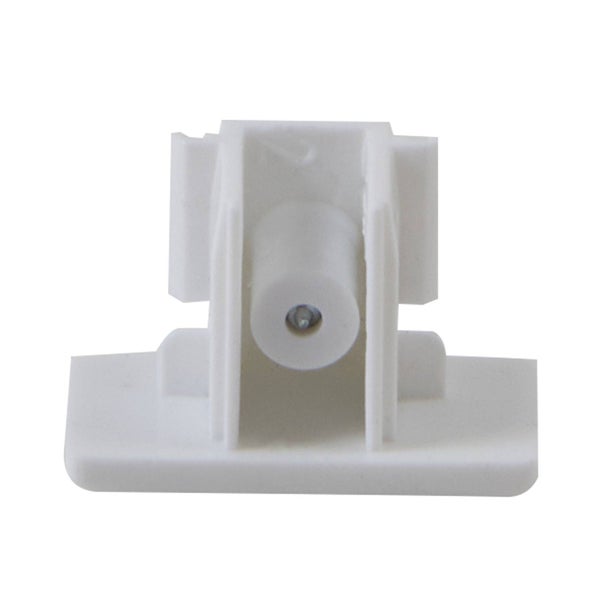 Weißes Kunststoff-Verbindungselement für Montage- oder Möbelsysteme.