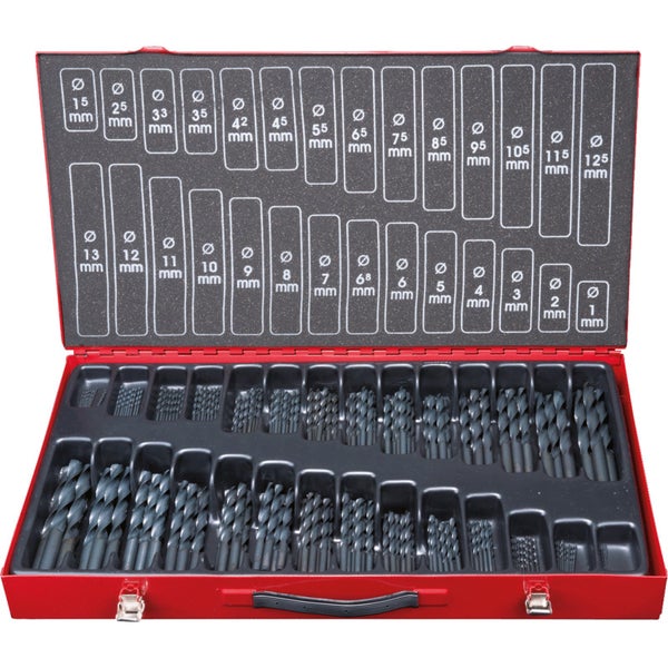 Bohrer-Set in rotem Metallkoffer mit verschiedenen Größen