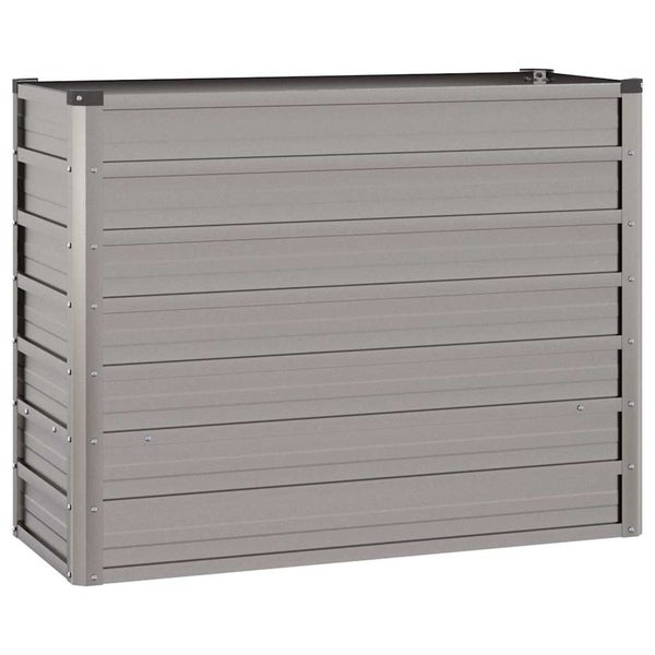 Rechteckiges Hochbeet aus Metall in Grau mit horizontalen Paneelen.