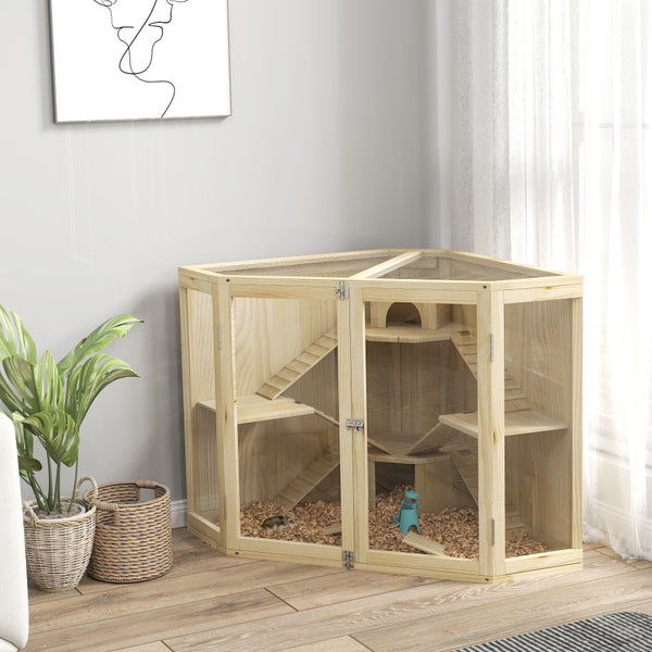 PawHut Hamsterkäfig aus Holz, Nagerkäfig mit 4 Ebenen, Hütten, Wippe, Kleintierstall mit Fütterungsstation, Rampe, Kleintierkäfig Mäusekäfig für Zwerg- und Syrische Hamster, 115 x 69,5 x 79 cm