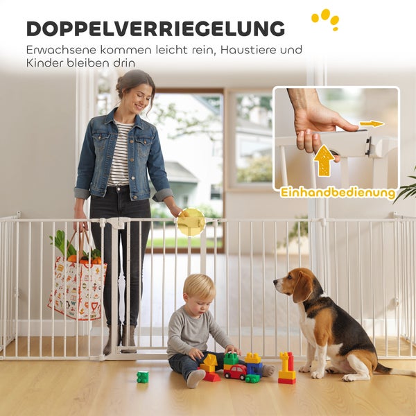 Weißes Schutzgitter für Kinder und Haustiere mit Doppelverriegelung und Einhandbedienung in einer Wohnraumsituation.