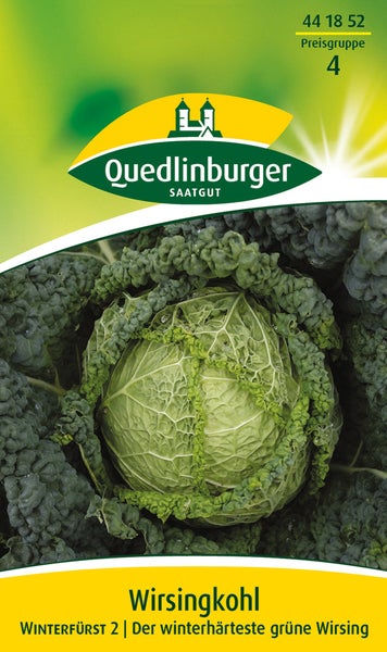 Quedlinburger Saatgut Wirsingkohl Winterfürst 2 Samenpackung mit einer Abbildung eines erntereifen Wirsings.