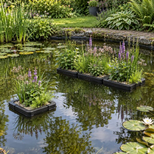 Schwimmende Pflanzinseln für Teiche mit Bepflanzung in einem naturnahen Garten mit Seerosen und Gräsern