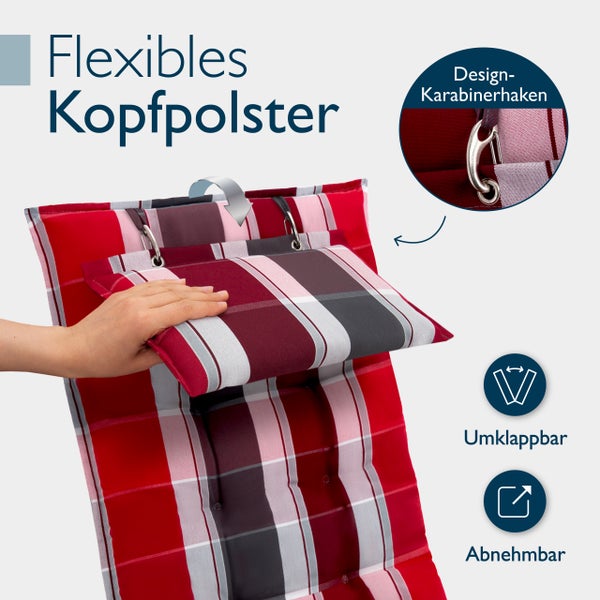 Gartenstuhlauflage mit flexiblem Kopfpolster, Design Karabinerhaken, umklappbar und abnehmbar