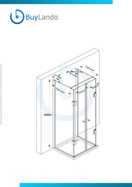 Technische Zeichnung einer Duschkabine mit Maßangaben