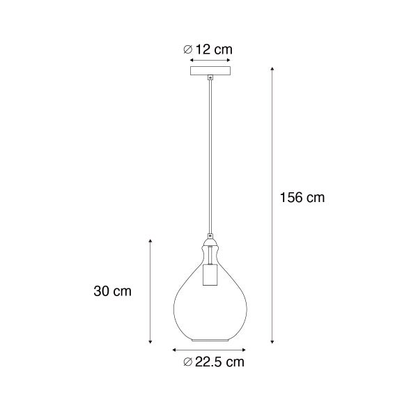 Technische Zeichnung einer Pendelleuchte mit den Maßen 156 cm Höhe, 22,5 cm Durchmesser und 12 cm Durchmesser Deckenbefestigung.