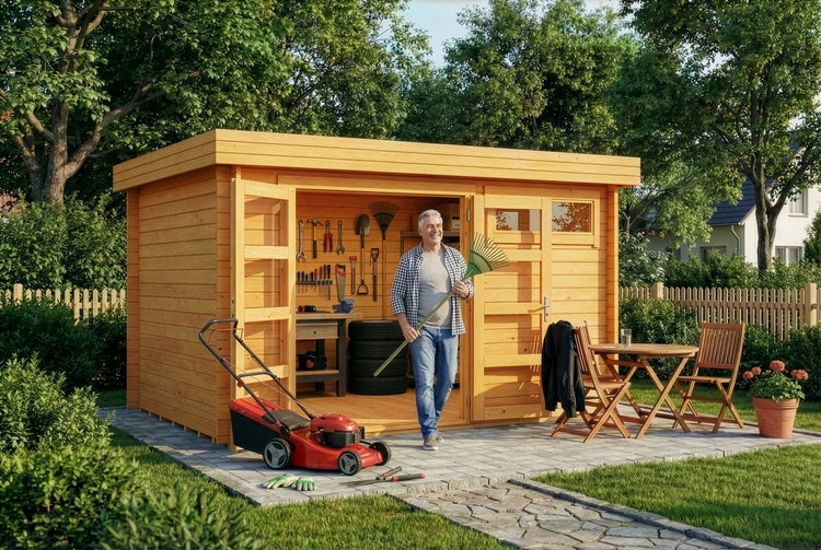 Gartenhaus aus Holz mit Flachdach, Doppeltür und Fenstern in einem hellen, organisierten Garten mit Werkzeugen, Rasenmäher und Gartenmöbeln.