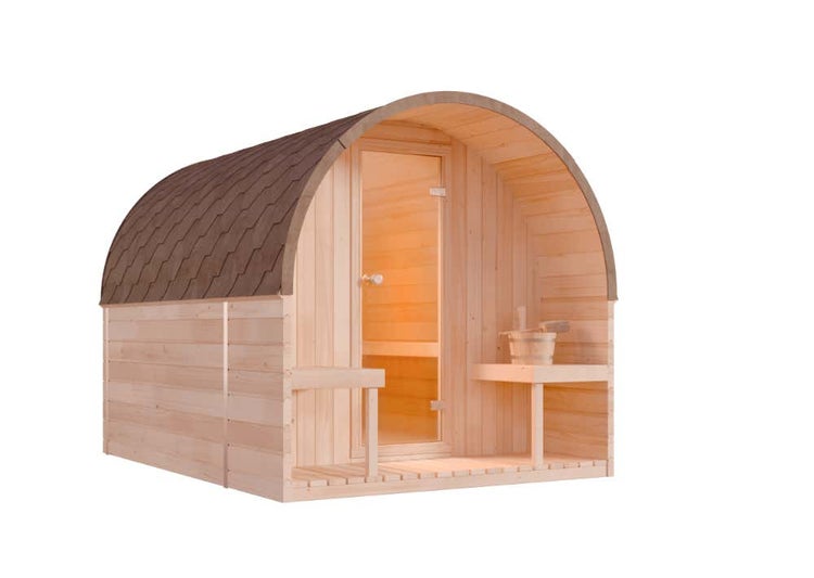 FinnTherm Fasssauna ScandiPod Premium Fasssauna 2 Sitzbänke aus Holz Sauna mit 42 mm Wandstärke, Außensauna mit Montagematerial mit 2 Fenstern 2x2,8m