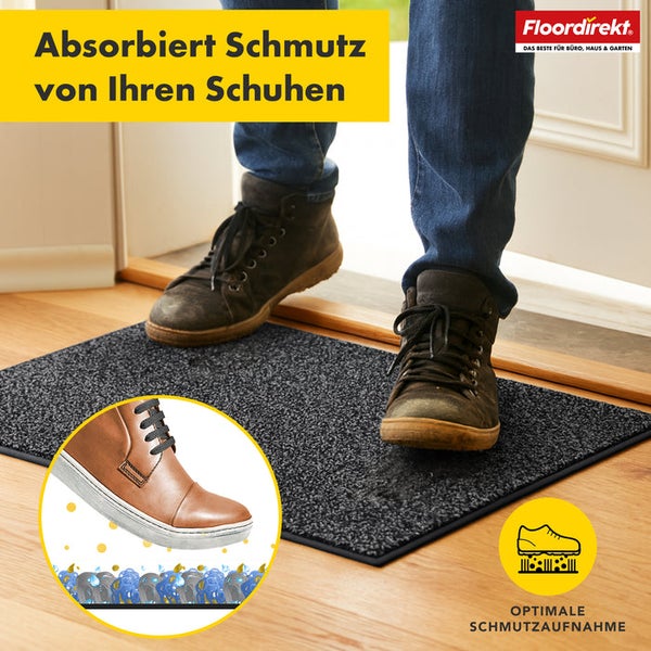 Schmutzfangmatte vor einer Tür mit Schuhen darauf.