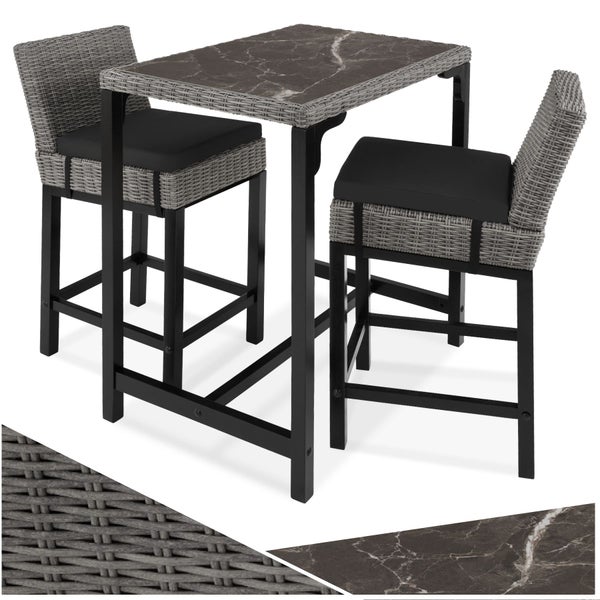 Rattan Tisch Kutina mit 2 Stühlen Latina tectake  Beine aus Holz mit Aluminiumgestellen grau