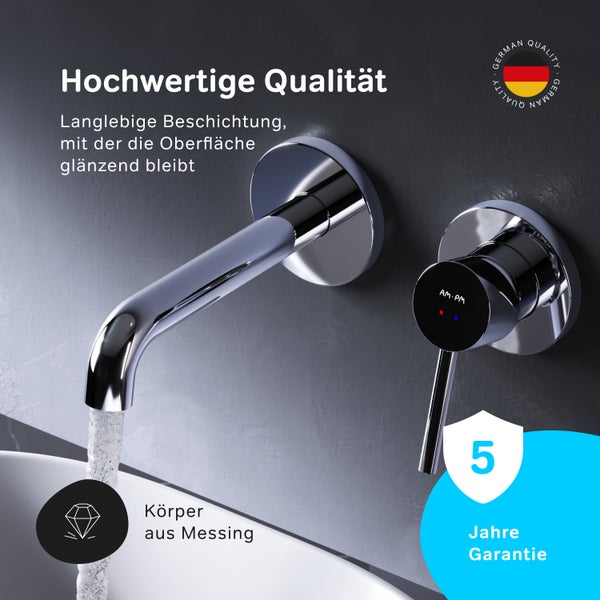 Unterputz Waschtischarmatur aus Messing mit glänzender Oberfläche und AM PM Logo, 5 Jahre Garantie und Siegel für deutsche Qualität.