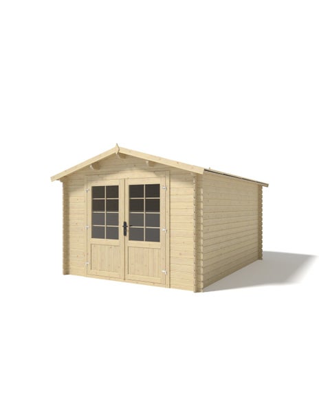 Blockbohlen-Gartenhaus aus Holz mit Doppeltür, Sprossenfenstern und Satteldach.