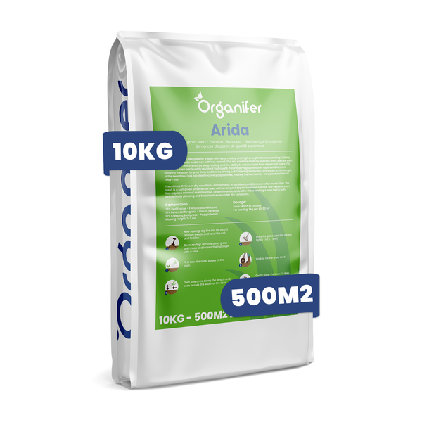 Organifer Arida Rasensamen, 10 Kilogramm Sack für 500 Quadratmeter Rasenfläche.