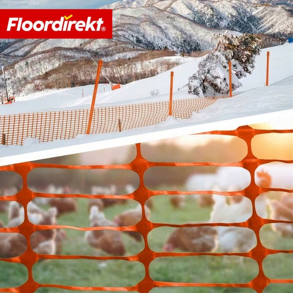Floordirekt Logo. Absperrzaun aus Kunststoff für Skipisten und als Geflügelzaun auf einer Wiese.