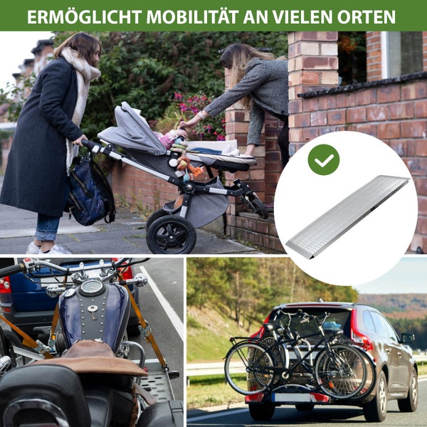 Verschiedene Szenen, die Mobilitätshilfe-Produkte zeigen, darunter eine Rampe für einen Kinderwagen, ein Motorradanhänger und ein Fahrradträger.