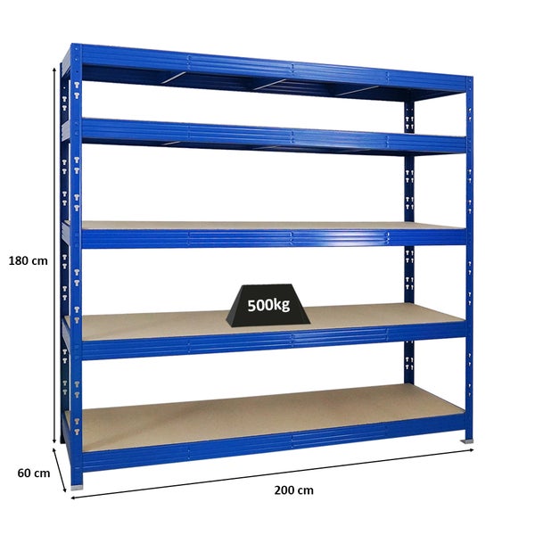 PROREGAL Profi Schwerlastregal Rhino HxBxT 180 x 200 x 60 cm 5 Spanplatten-Ebenen 8mm Fachlast 500 kg Blau