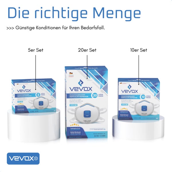 VEVOX® FFP3 Maske mit Ventil – im 20er Set – Staubmaske – Atemschutzmaske – Staubschutzmaske – Feinstaubmaske – Atemschutz z.B. gegen Feinstaub, Schimmel oder Asbest