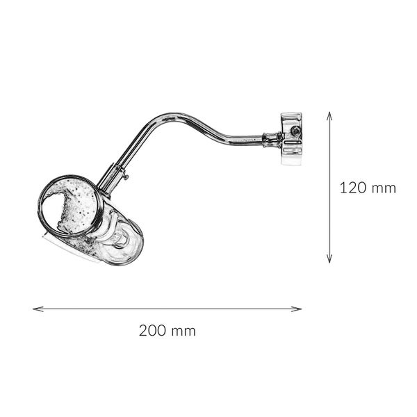 Maße einer Lupe mit Halterung: 200 mm breit und 120 mm hoch