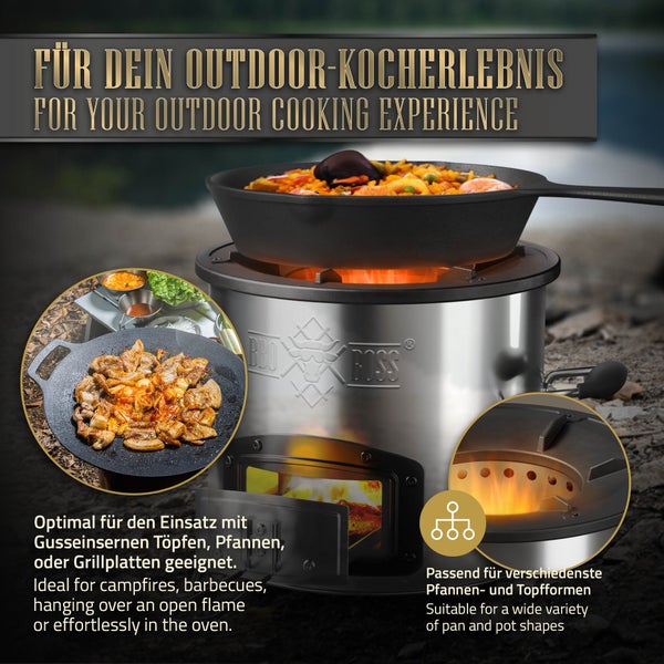 BBQ#BOSS Raketenofen, Silber, Edelstahl Campingofen, Campingkocher Holz Kohle, Camping BBQ Holzofen zum Kochen, Outdoor-Küche, Gusseisen Grillpfanne, Raketenherd Campinggrill, Dutch Oven Rocket Stove