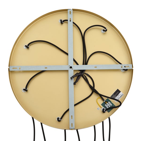 Unterseite einer runden Deckenleuchte mit Kabeln und Befestigungsmaterial