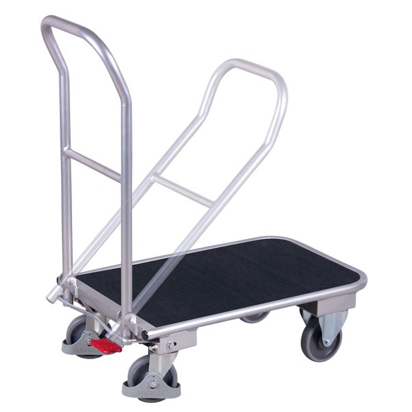 Magazinwagen mit klappbarem Schiebebügel, schwarzer rutschhemmender Ladefläche und silbernem Metallrahmen.