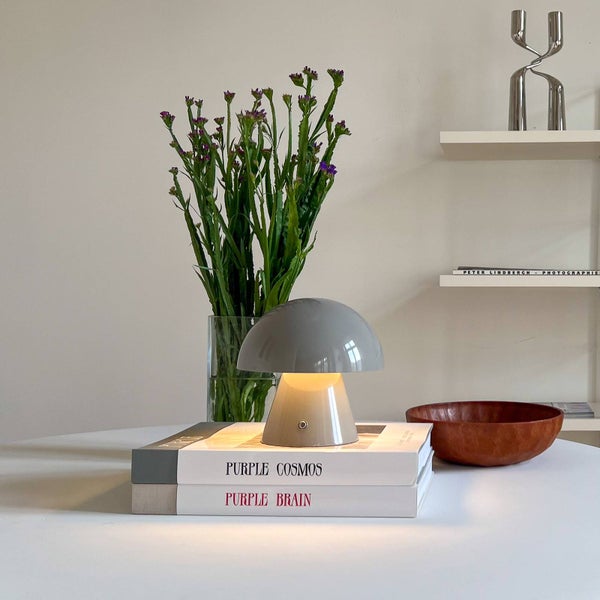 Pilzförmige Tischlampe auf Büchern neben Blumenvase und Holzschale in einem hellen, modern eingerichteten Raum mit Wandregalen.