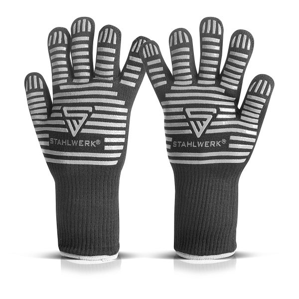Stahlwerk hitzebeständige Grillhandschuhe in Schwarz mit grauen Anti-Rutsch-Streifen, langen Stulpen und Stahlwerk Logo.