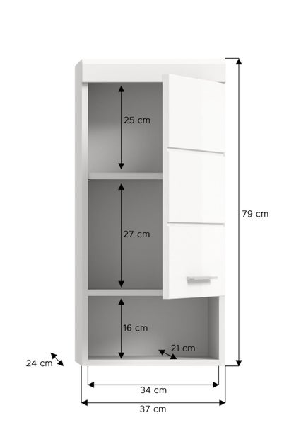 Wandschrank mit Maßen: Höhe 79 Zentimeter, Breite 37 Zentimeter, Tiefe 24 Zentimeter. Fachhöhen 25, 27 und 16 Zentimeter.