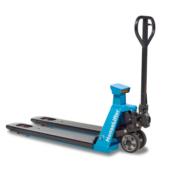 HanseLifter Hubwagen mit Waage aus Metall in Blau und Schwarz.