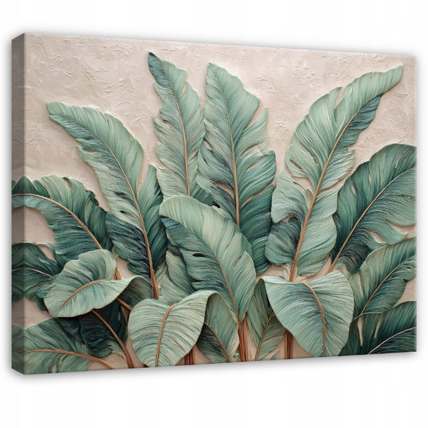 Dekorative Wandkunst mit tropischen Blättern als Relief auf Leinwand