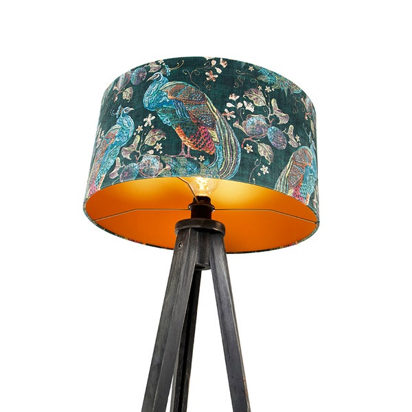 Stehlampe mit Stoffschirm, verziert mit Pfauenmotiven und einem Stativfuß