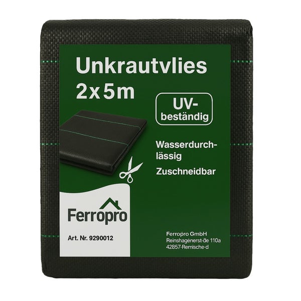 Ferropro Unkrautvlies in der Größe 2 mal 5 Meter, UV beständig, wasserdurchlässig und individuell zuschneidbar.