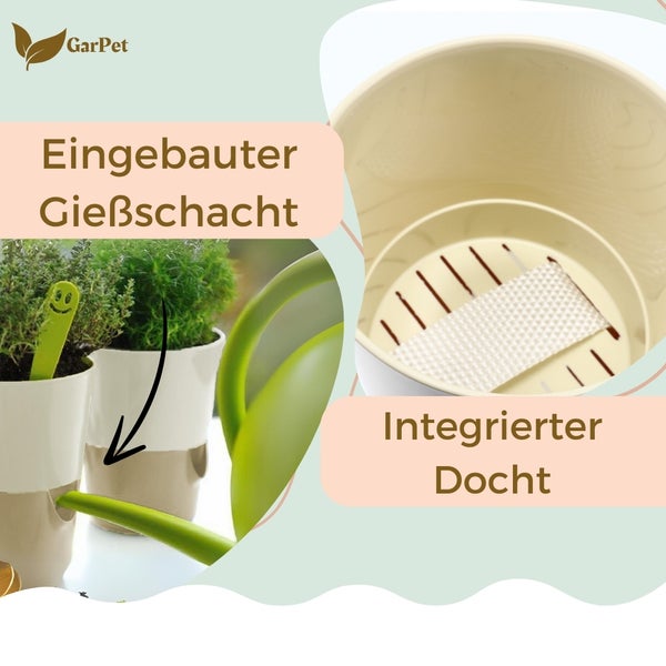 GarPet Logo. Detailansicht eines Pflanzgefäßes mit Bewässerungssystem und integriertem Docht