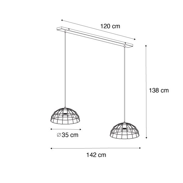 Abmessungen der Hängeleuchte mit zwei Leuchten, jeweils mit einem Durchmesser von 35 cm