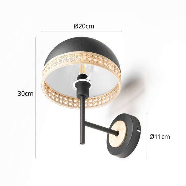 Wandleuchte mit Lampenschirm und Rattanrand, Durchmesser 20 cm, Höhe 30 cm