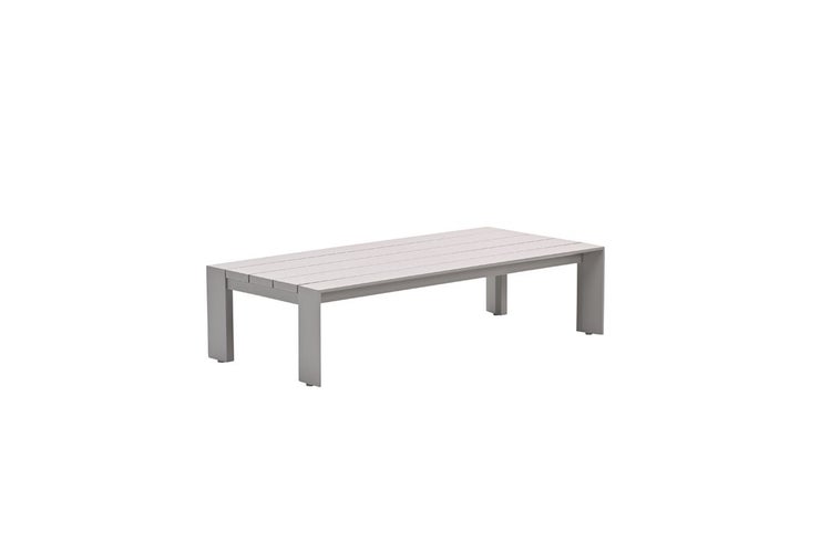 Grauer, rechteckiger Lounge-Gartentisch aus Aluminium mit einer Tischplatte in Lattenoptik.