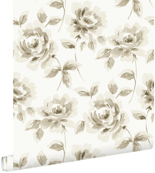 ESTAhome Tapete Aquarell gemalte Rosen Beige und Braun - 53 cm x 10.05 m - 128012