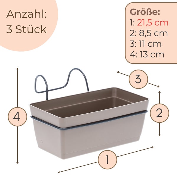 Balkonkasten Dreier-Set mit Maßen: Länge 21,5 Zentimeter, Höhe 8,5 Zentimeter, Breite 11 Zentimeter, Gesamthöhe 13 Zentimeter.