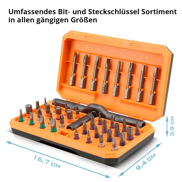 Bit- und Steckschlüsselsortiment in einem orangefarbenen Aufbewahrungskoffer