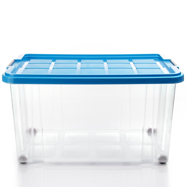 BigDean 4 Stück 60 L Aufbewahrungsbox mit Deckel groß azurblau - stapelbare robuste Box BPA-frei - rollbare Stapelbox mit festen Klickverschlüssen - Made in Germany