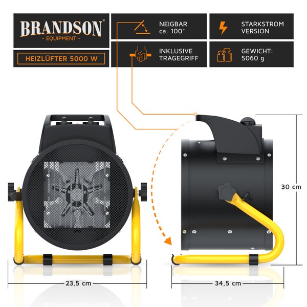 Brandson Bauheizer 5000W, Heizlüfter, 2 Heizstufen, Überhitzungsschutz, Automatische Abschaltung, für Baustelle Garage Werkstatt Rohbau, Schwarz/Gelb