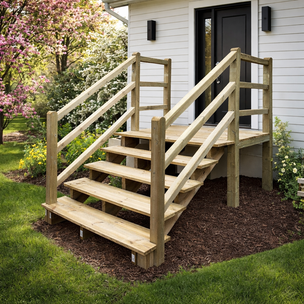 Außenaufnahme einer Holztreppe mit Geländer, die zu einer Haustür führt, umgeben von Gartenlandschaft.