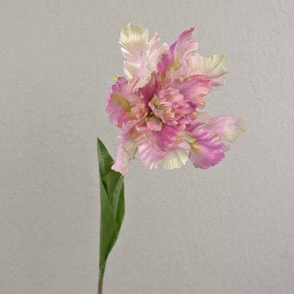 Künstliche Papageien-Tulpe mit gerüschten Blütenblättern in Rosa und Creme auf einem grünen Stiel mit Blättern.