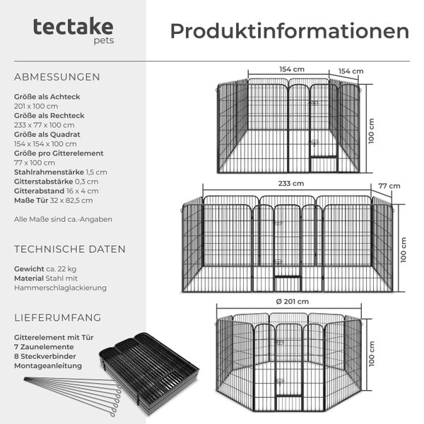 Produktinformationen Tectake Haustierlaufstall mit Maßangaben und Lieferumfang