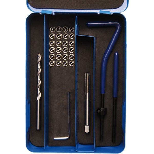 Werkzeugsatz zur Gewindereparatur im blauen Koffer mit Bohrern, Gewindebohrern und Einsätzen