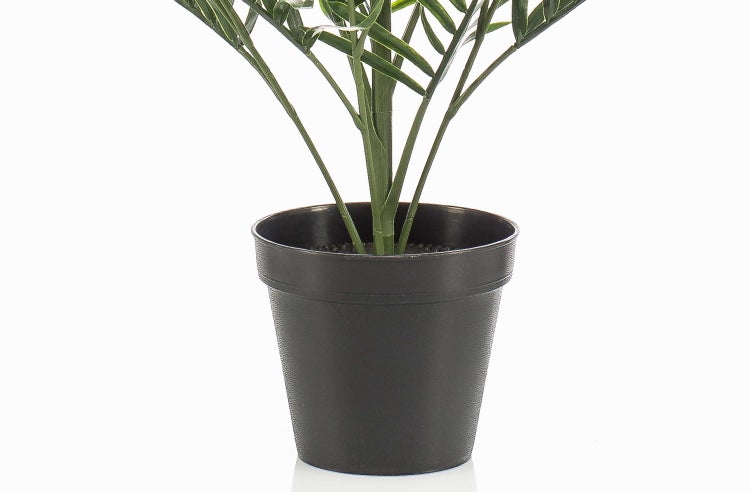 Künstliche Palme im schwarzen Kunststofftopf.