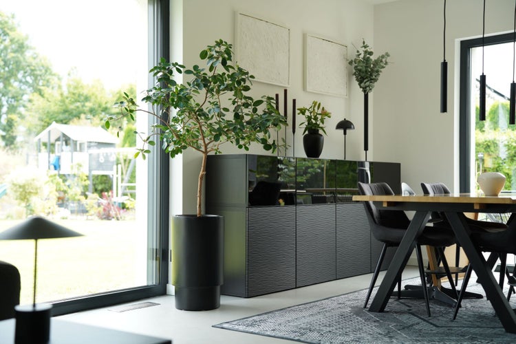 Modernes helles Esszimmer mit Zimmerpflanze im hohen Pflanzgefäß, Sideboard mit Strukturfront und Esstisch aus Holz mit gepolsterten Stühlen.